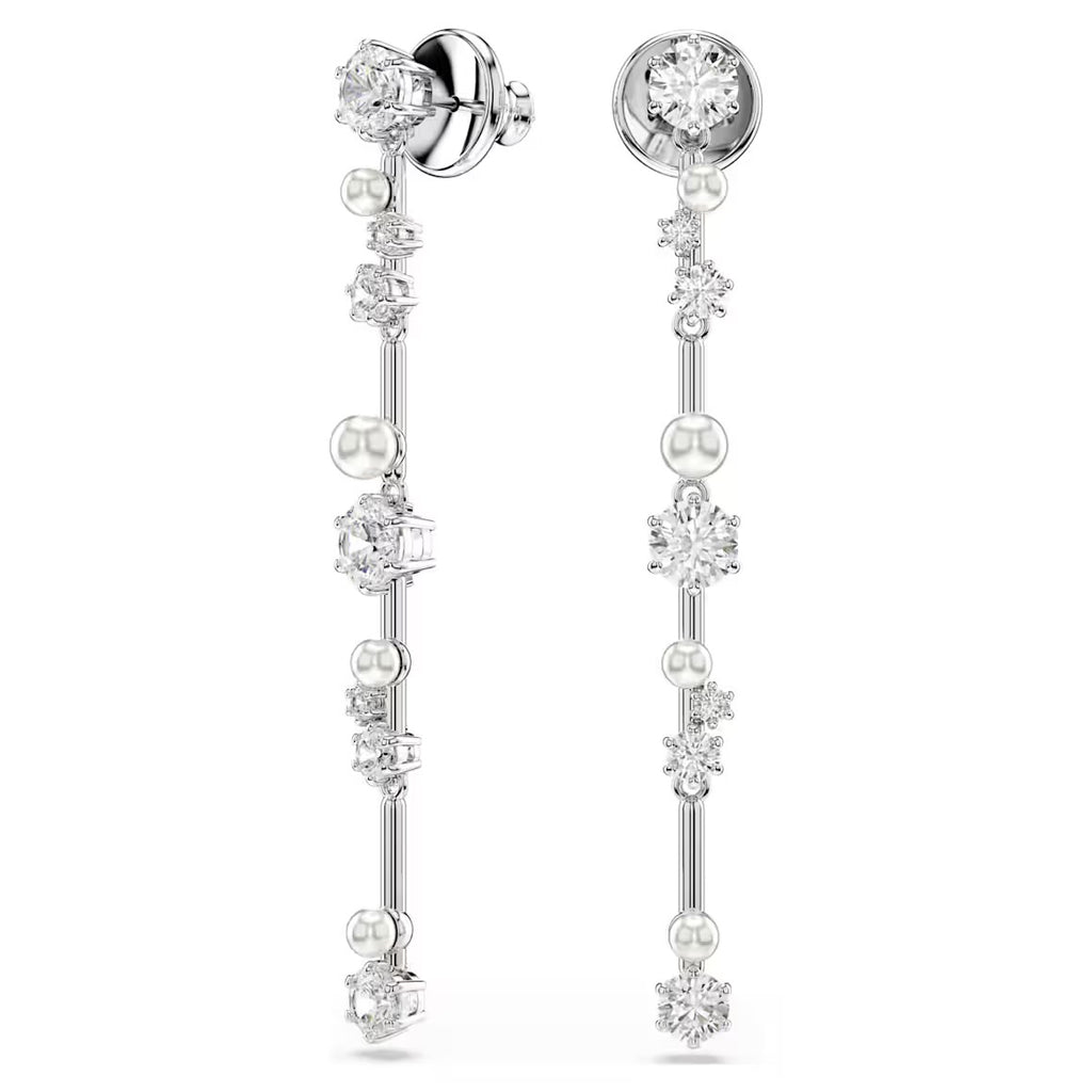 Constella: Pearl & White Round Cuts Silver Drop Earrings