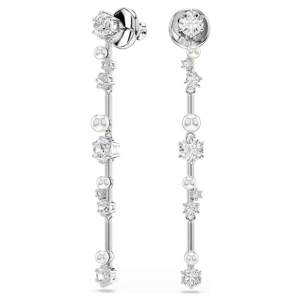 Constella: Pearl & White Round Cuts Silver Drop Earrings