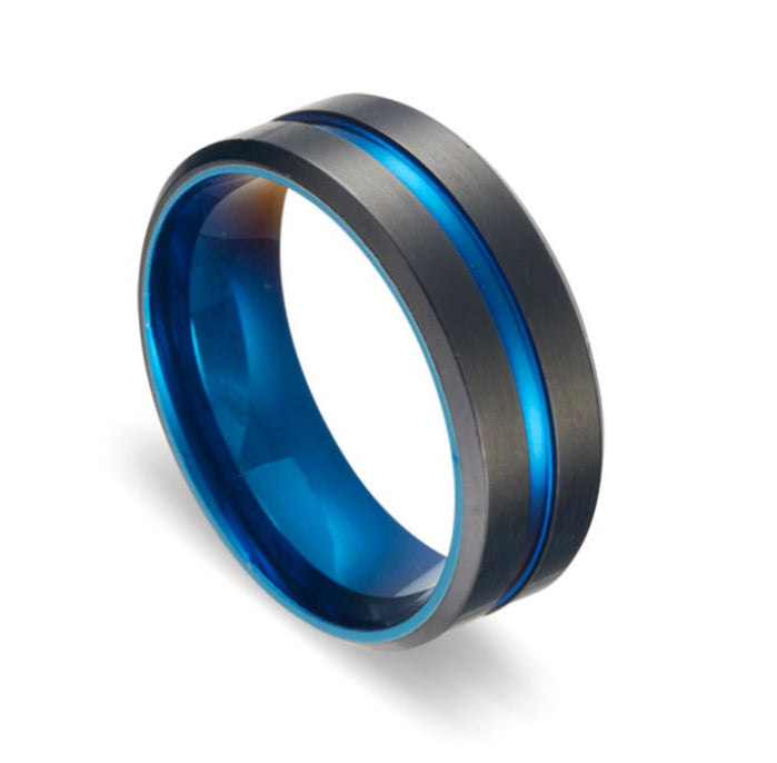 Men Rings - Blaze Stainless Steel Men's Matte Black & Electric Blue Beveled Edge Ring