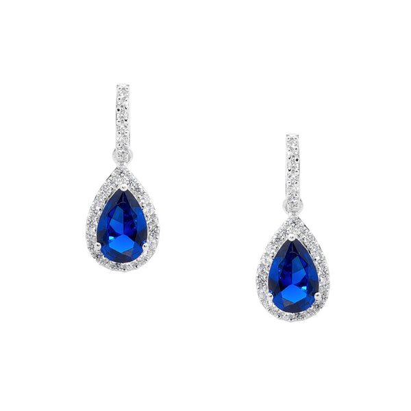 Dark Blue CZ Pear Drop with White CZ Surround - Pendant & Earring