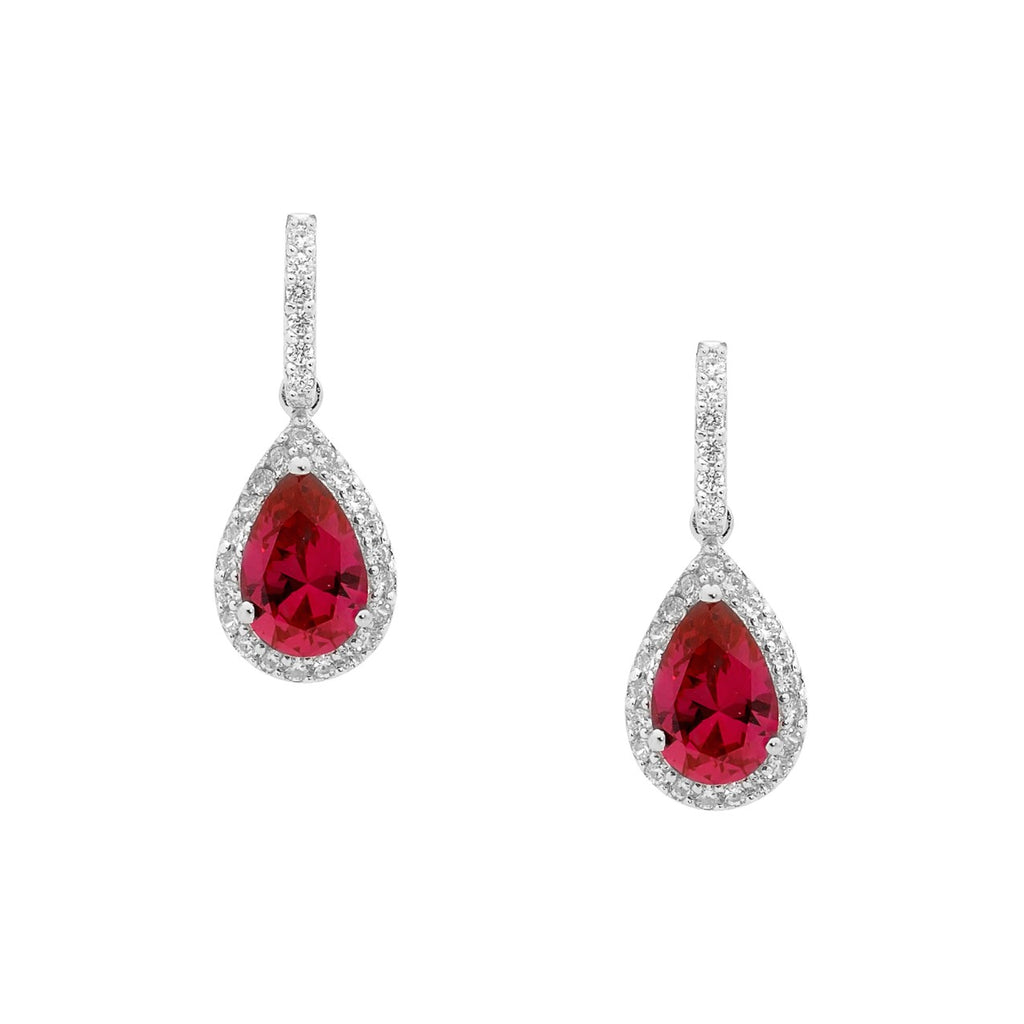 Red CZ Pear Drop with White CZ Surround Earrings