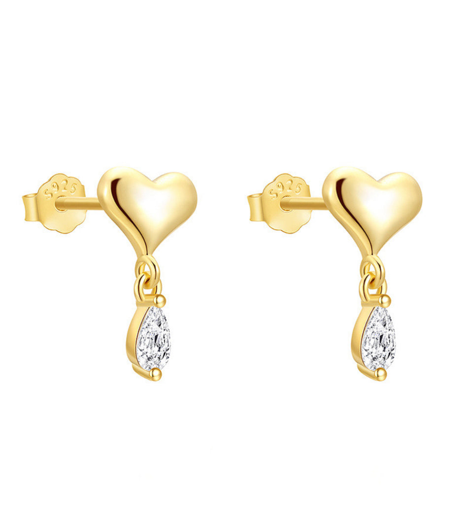 Heart Studs with Teardrop CZ Drop Earrings - 2 Colour