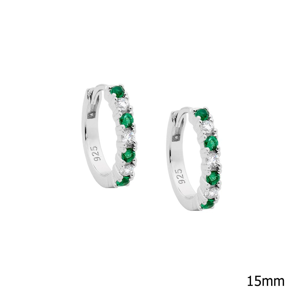 15mm Green & White CZ Silver Hoop Earrings