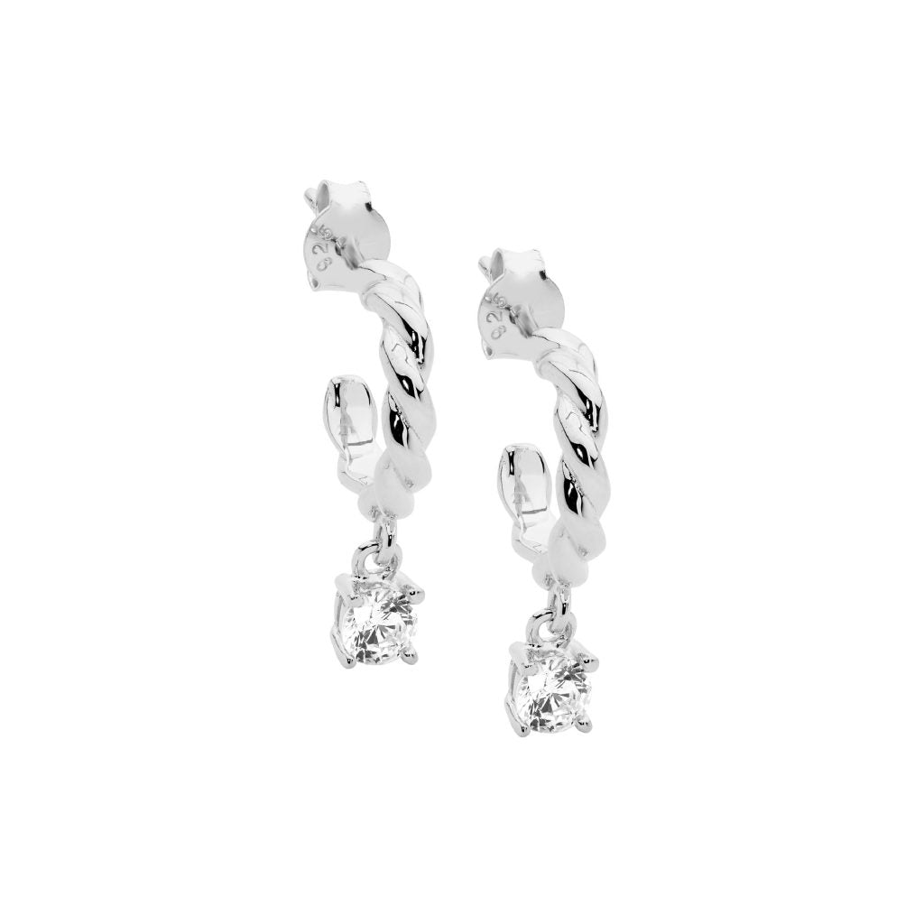 13mm Twist Hoop Earrings w/ WH CZ Drop - 3 colours