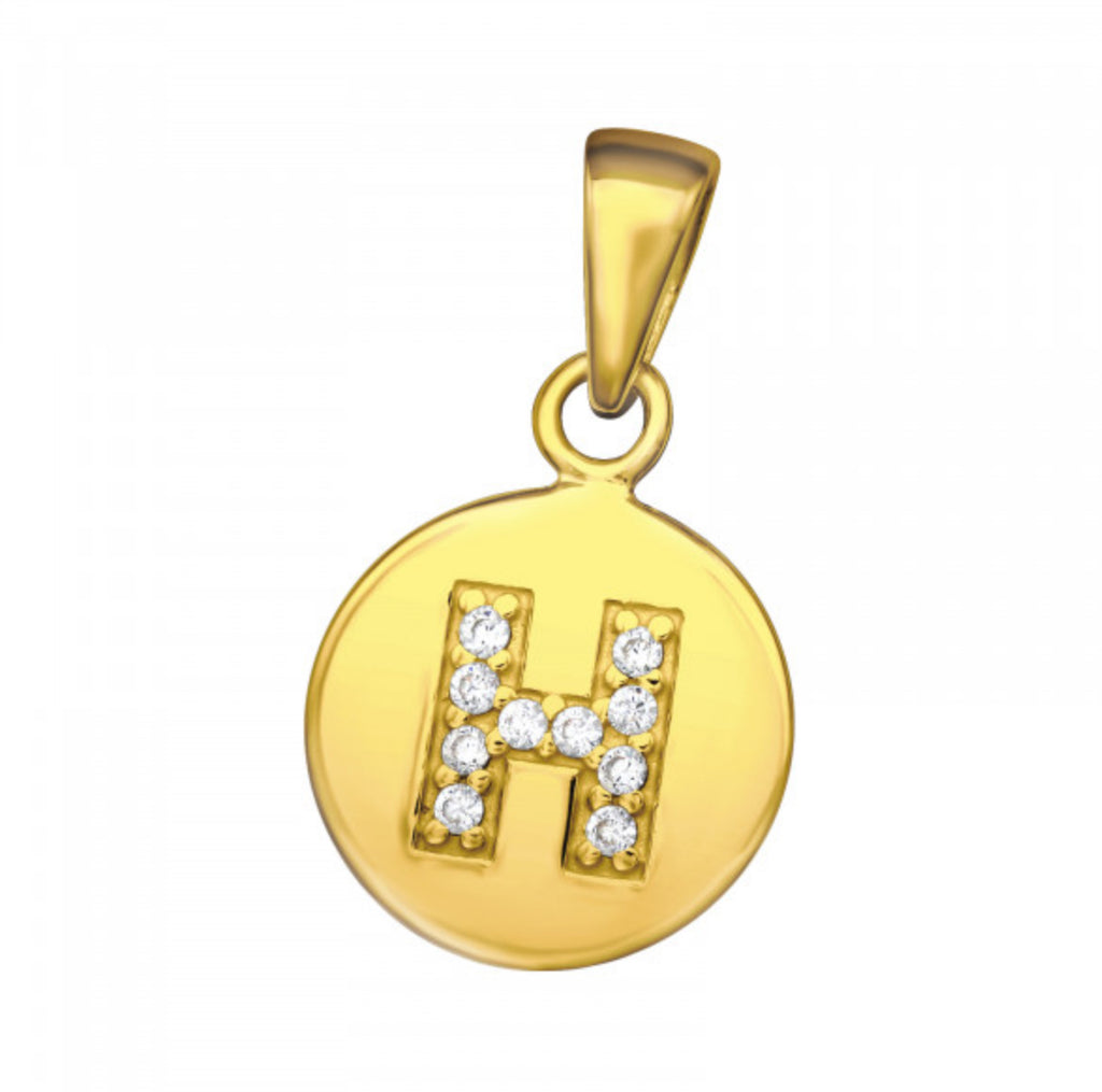Round Disc White CZ Gold Plated Initial Pendant