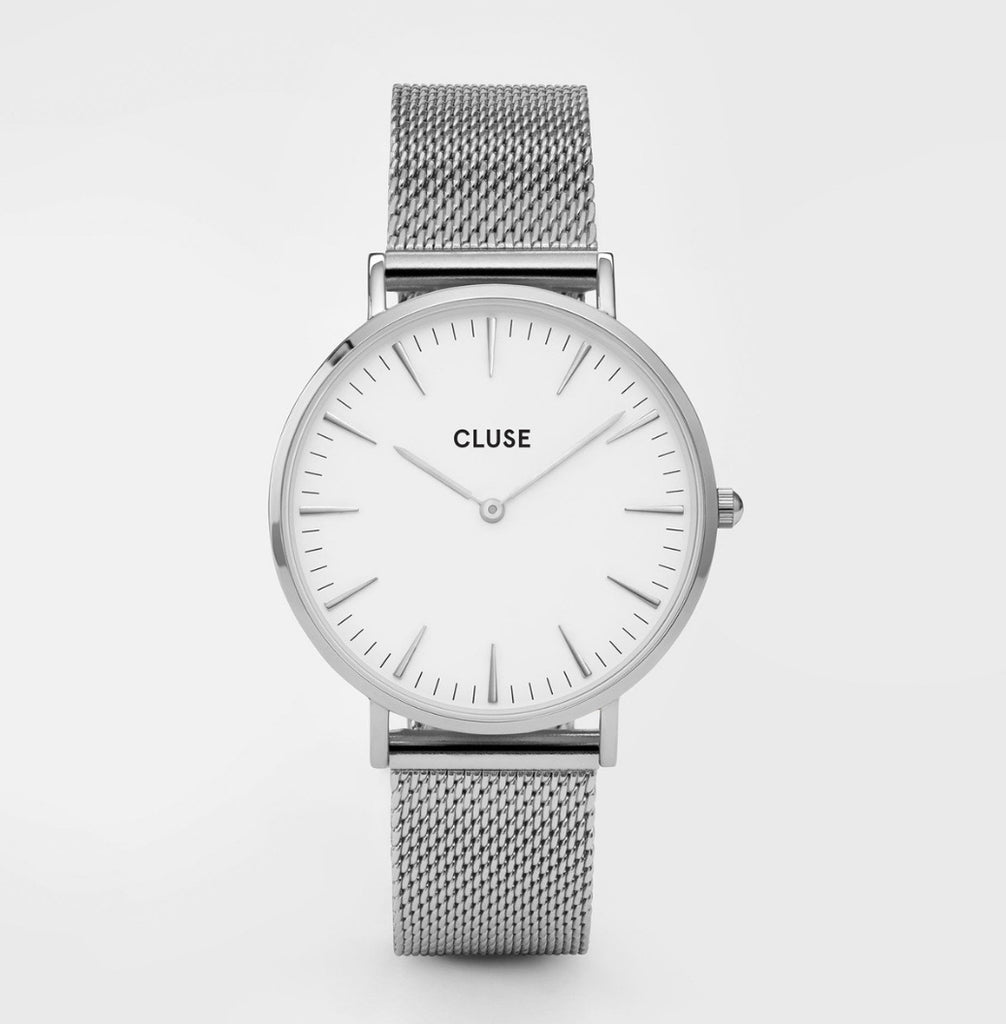 CLUSE Boho Chic Silver/White Mesh Watch