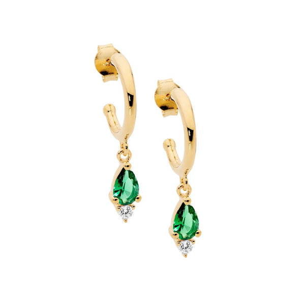 13mm Green & WH CZ Drop Hoop Silver Earrings
