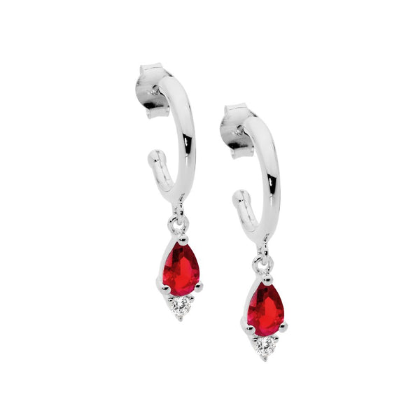 13mm Red & WH CZ Drop Hoop Silver Earrings