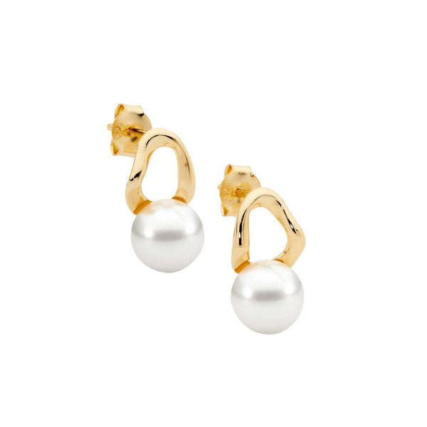 Open Wave Oval Earrings w/ Freshwater Pearl Stud Earrings