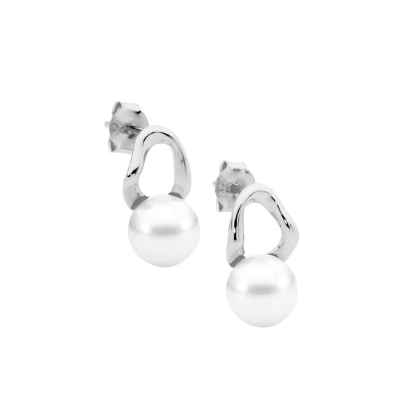 Open Wave Oval Earrings w/ Freshwater Pearl Stud Earrings