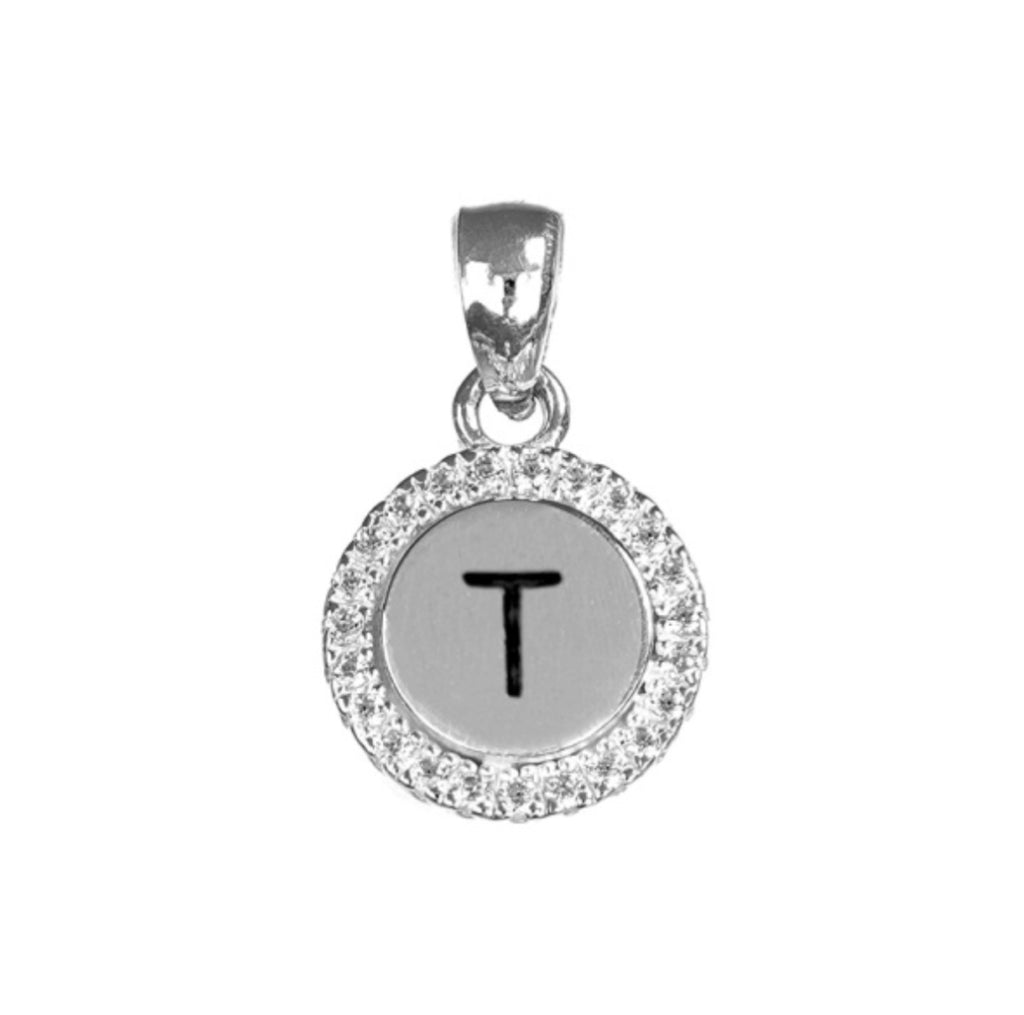 Round White CZ Silver Initial Charm