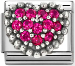 Love - Raised Red CZ Heart with Beaded Dots Silver Charm