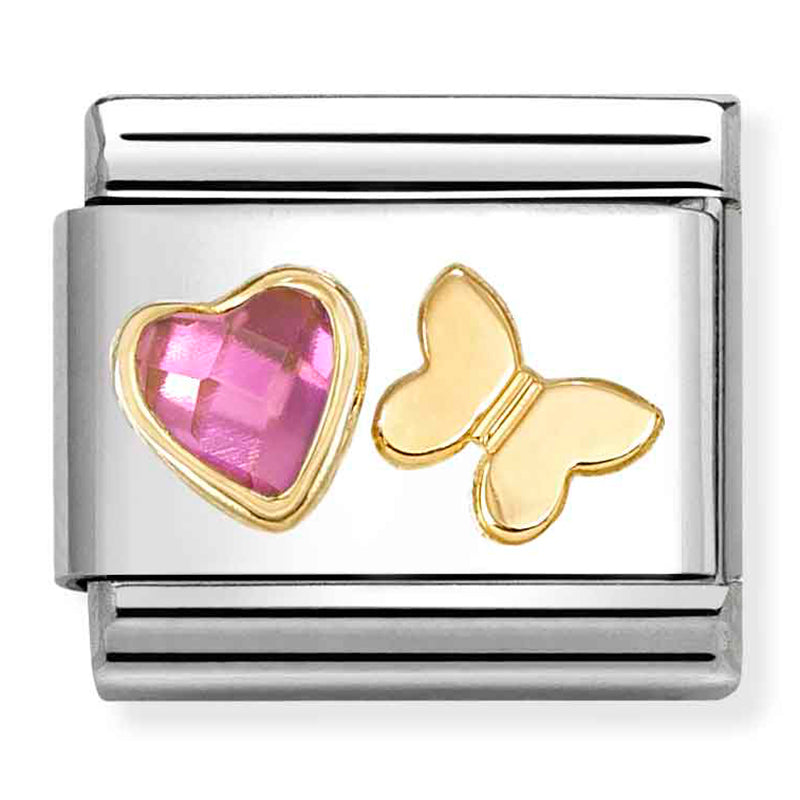 Love - Pink CZ Heart & Butterfly Gold Charm
