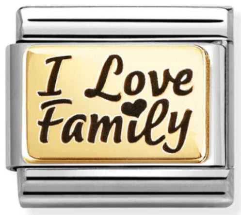 Engraved Signs - I Love Family with Black Enamel Gold Charm