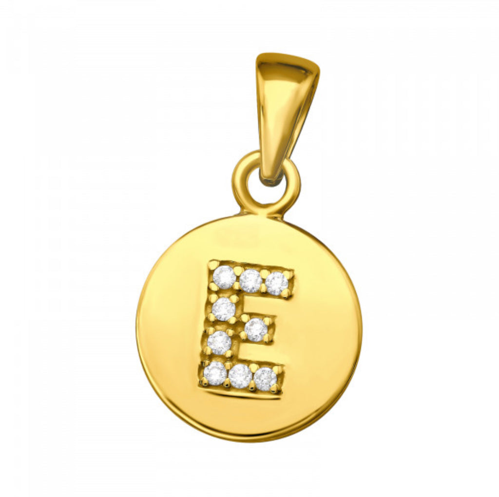 Round Disc White CZ Gold Plated Initial Pendant