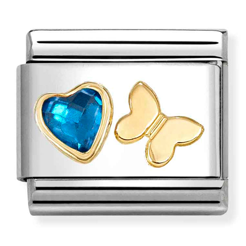 Love - Blue CZ Heart & Butterfly Gold Charm