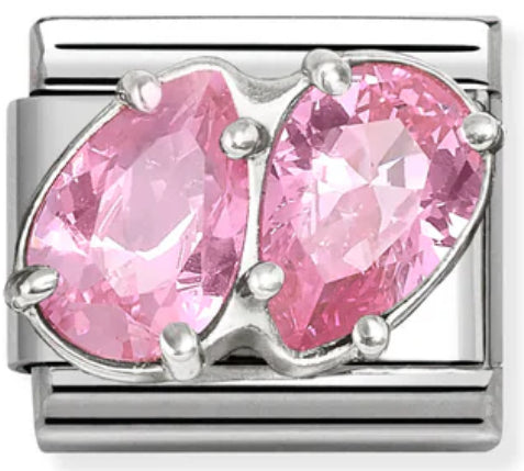 Gemstones - Raised Pink Twin CZ Teardrop Silver Charm