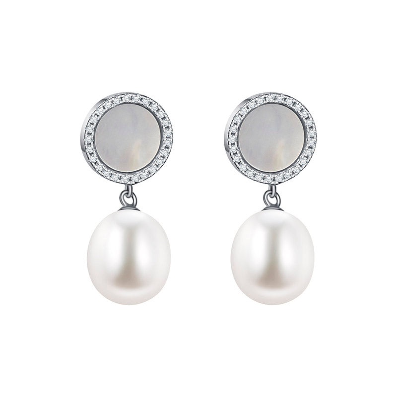 White Drop Freshwater Pearl Hanging from CZ Sterling Silver Shell Earring