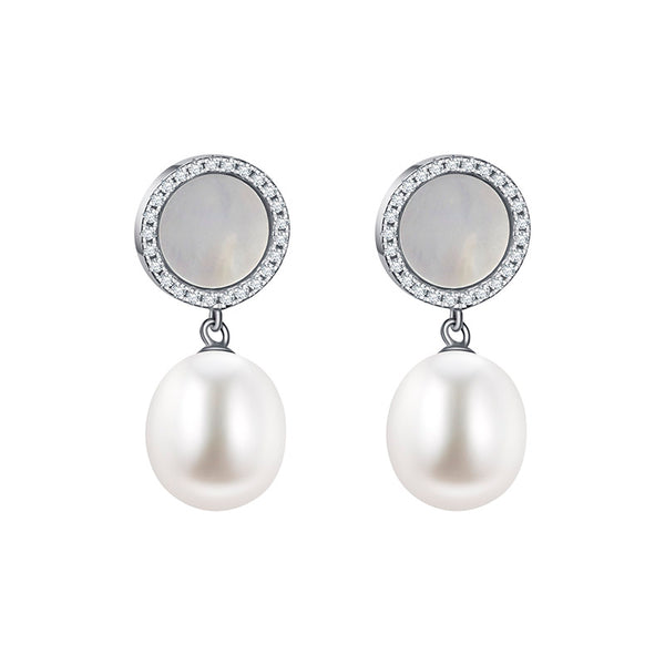 White Drop Freshwater Pearl Hanging from CZ Sterling Silver Shell Earring