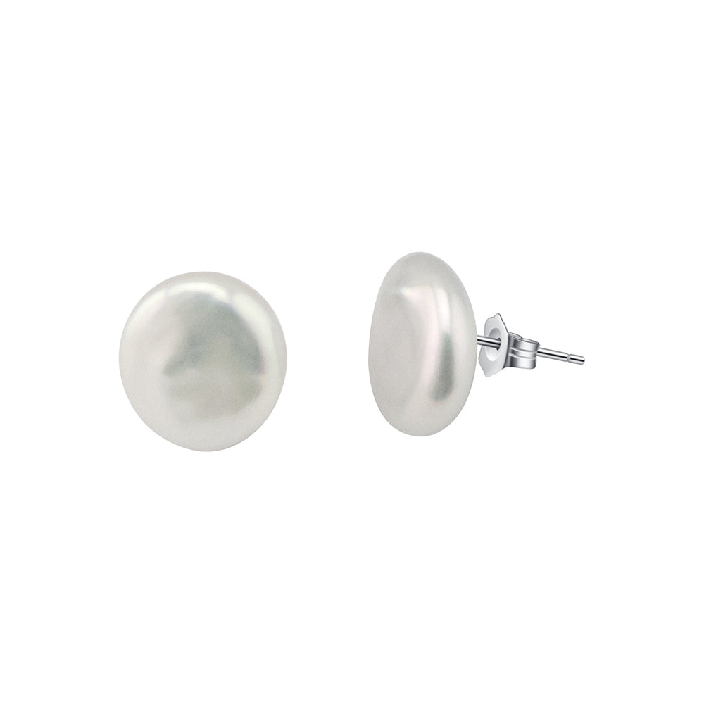 White Coin Freshwater Pearl Sterling Silver Stud Earrings