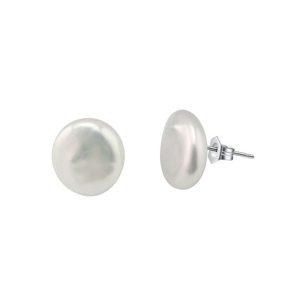 White Coin Freshwater Pearl Sterling Silver Stud Earrings