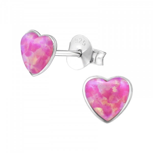 Kids Synthetic Opal Heart Silver Stud Earrings - 2 colours