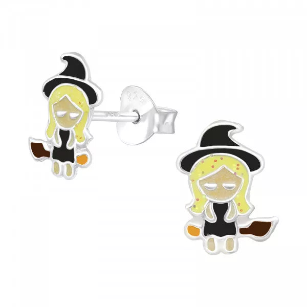 Halloween: Kids Witch Broom Silver Stud Earrings