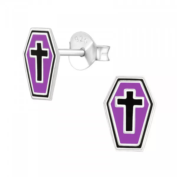 Halloween: Kids Purple Coffin Silver Stud Earrings