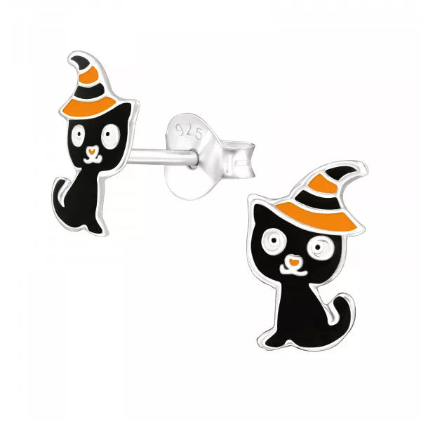 Halloween: Kids Black Cat w/ Witches Hat Silver Stud Earrings