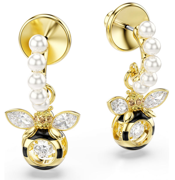 Idyllia: Crystal Pearl/Multicoloured Mixed Cuts Crystal Bee Gold Drop Earrings