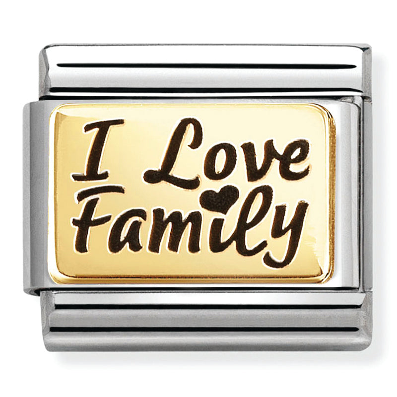 Engraved Signs - I Love Family with Black Enamel Gold Charm