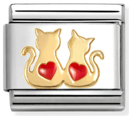 Animal - Double Cats with Red Heart Gold Charm