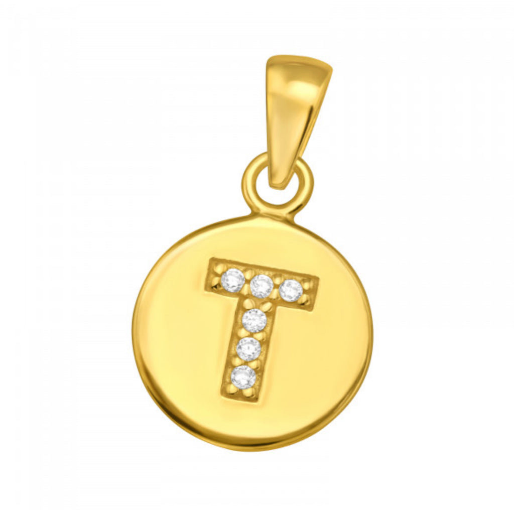 Round Disc White CZ Gold Plated Initial Pendant