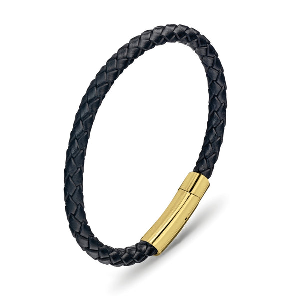 Bracelet - Blaze Stainless Steel Men’s Black Leather Plaited with YGP Clasp