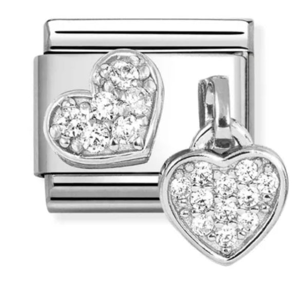 Symbol - Pave Hearts with Dangle Heart CZ Silver Charm