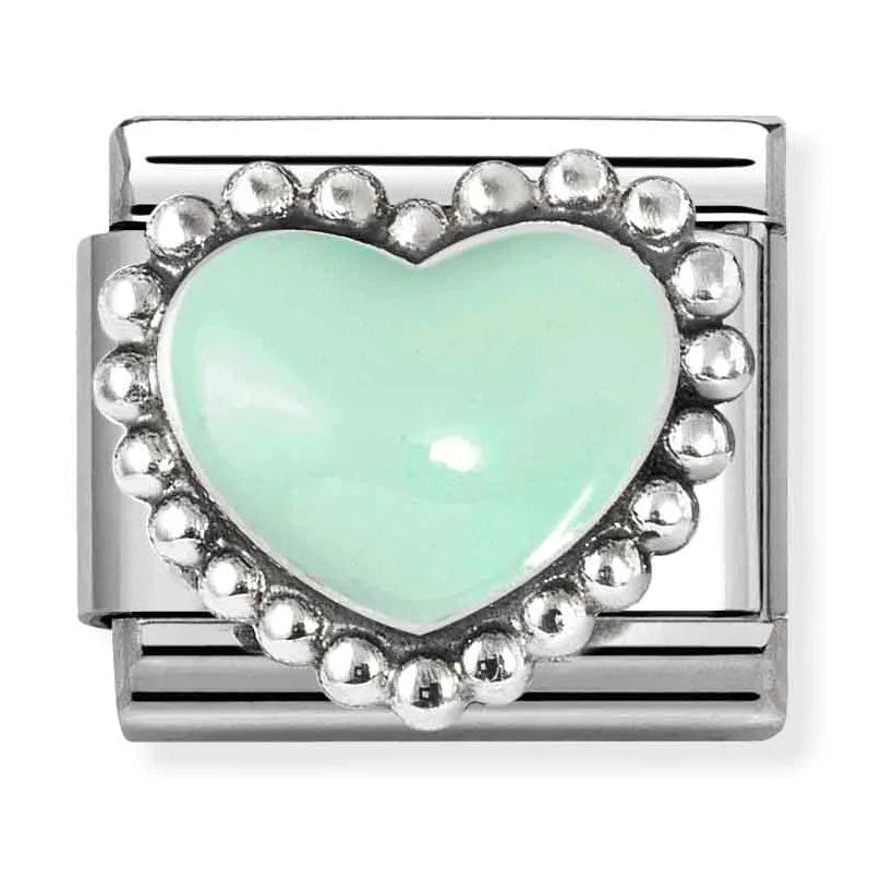 Love - Raised Pastel Green with Beaded Dots Heart Silver Charm