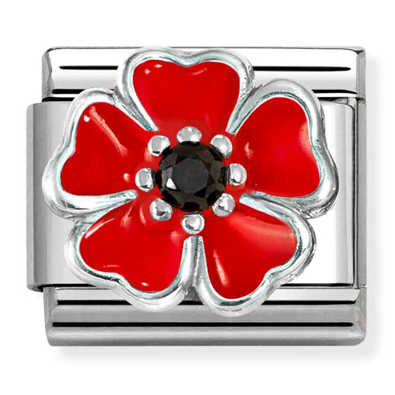 Nature - Red Poppy with Black CZ Silver Charm