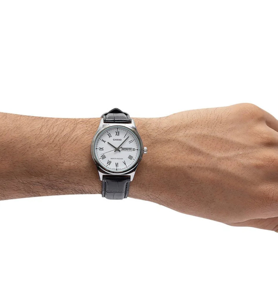 Casio Analogue White Face Day + Date, Black Leather Band Watch