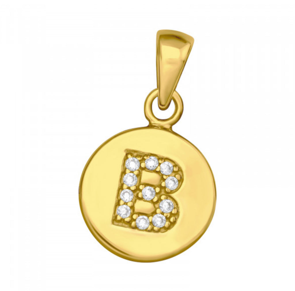 Round Disc White CZ Gold Plated Initial Pendant