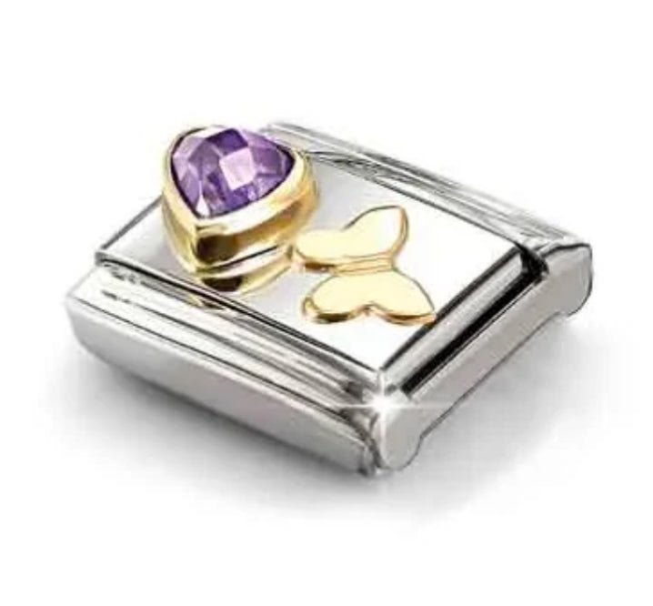 Love - Purple CZ Heart & Butterfly Gold Charm