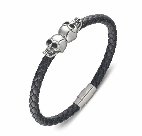 Bracelet - Blaze Stainless Steel Men’s Black Leather with Double Skulls and Shiny Clasp