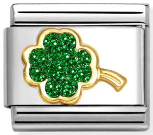 Good Luck - Glitter Green Four Leaf Clover Gold Charm