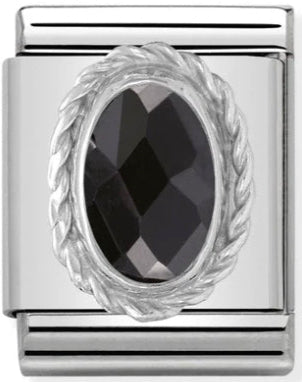 BIG Links - Black Faceted CZ Oval Silver Charm