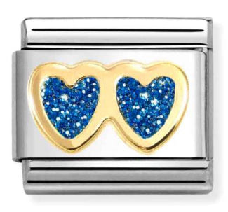 Glitter Double Blue Heart Gold Charm