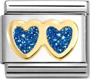 Love - Glitter Double Blue Heart Gold Charm