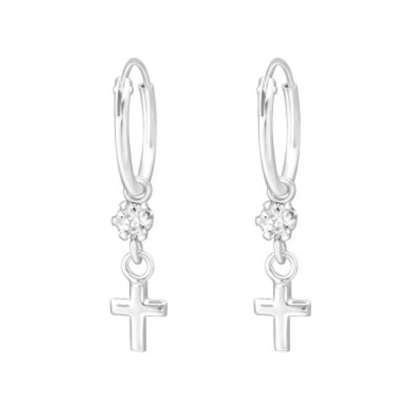 Kids Hanging Cross with Crystal Silver Hoop Earrings