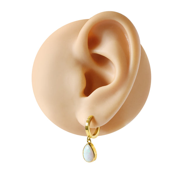 Earring - White Teardrop Opalite YGP Huggie