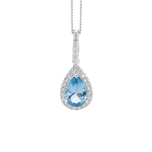 Blue CZ Pear Drop with White CZ Surround - Pendant & Earring