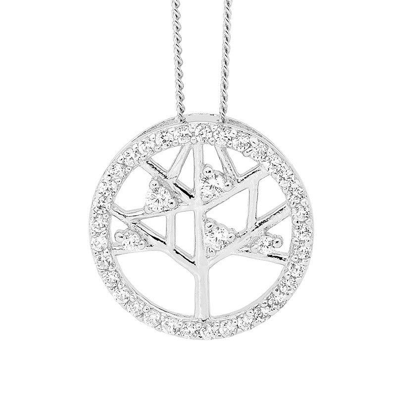 SS WH CZ 15mm Tree of Life Pendant w/ CZ Surrounding