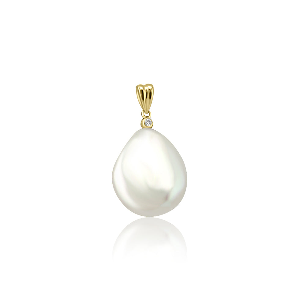 9ct YG Baroque White Freshwater Pearl Drop Pendant with Dia (chain not included)